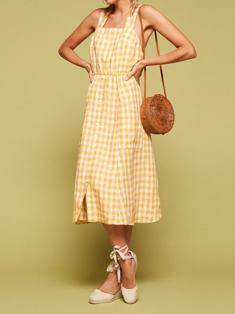 Reformation Capoli Linen Midi Dress Yellow Gingham Plaid Cross Back Size Xs